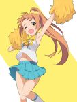  1girl armpits brown_eyes cheerleader idolmaster idolmaster_cinderella_girls kyu long_hair looking_at_viewer navel one_eye_closed open_mouth orange_hair pom_poms ribbon simple_background skirt smile solo wakabayashi_tomoka yellow_ribbon 