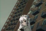  1girl :o balcony black_nails building chaika_trabant circle collar covered_eyes fingers hands_together highres hitsugi_no_chaika house iceroy lace long_hair looking_at_viewer maid nail_polish open_mouth princess purple_eyes silver_hair simple_background solo standing white_hair white_skin window 