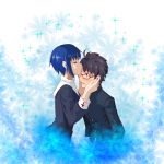  1boy 1girl axia-chan black_eyes black_hair blue_hair blush ciel cross eyes_closed forehead_kiss hands_on_another&#039;s_face highres kiss school_uniform short_hair toono_shiki tsukihime 