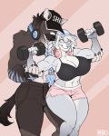  anthro athletic big_breasts bra breasts canid canine clothed clothing curvaceous duo exercise female hat headgear headphones headwear hi_res male mammal muscular muscular_male nasusbot standing underwear weightlifting wide_hips workout 