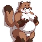  2019 anthro belly blush brown_fur bulge canid canine clothed clothing fur humanoid_hands male mammal moobs navel nipples overweight overweight_male raccoon_dog simple_background solo takagi_kyou takaki_takashi tanuki topless underwear white_background 