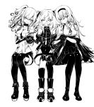  3girls boots commentary_request eyes_closed girl_sandwich girls_frontline gitoshinp hand_holding headband highres korean_commentary m950a_(girls_frontline) monochrome multiple_girls pa-15_(girls_frontline) pantyhose sandwiched smile thunder_(girls_frontline) twintails 