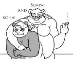  2019 absurd_res alp_(tas) anthro belly clothing cute_fangs duo english_text eyewear giant_panda glasses hat headgear headwear hi_res hug humanoid_hands kaiser_dragonstro leib_(tas) male male/male mammal moobs overweight overweight_male polar_bear red_panda_mirr simple_background smoking text tokyo_afterschool_summoners ursid ursine video_games white_background 