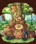  2019 anthro aotoaka arthropod bee belly brown_fur detailed_background feral fur hi_res honey hymenopteran insect male mammal moobs nintendo nipples outside overweight overweight_male pok&eacute;mon pok&eacute;mon_(species) sitting solo ursaring video_games 