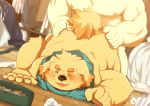  2019 anal anthro belly blush canid canine canis cu_sith_(tas) detailed_background domestic_dog dosanco15 duo fur humanoid_hands leib_(tas) male male/male mammal moobs nipples one_eye_closed overweight overweight_male polar_bear scarf sex sweat tokyo_afterschool_summoners ursid ursine video_games white_fur wink yellow_fur 
