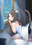 1girl absurdres animal_ears ass barefoot bed bed_sheet black_panties blue_dress blue_eyes book brown_hair cat_ears cat_tail commentary_request curtains dress dress_lift from_side highres kneeling leaning_forward long_hair looking_back nekoze_(s22834712) open_mouth open_window original panties pillow ponytail short_dress solo tail underwear window 