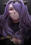  1girl breasts camilla_(fire_emblem_if) cleavage closed_mouth fire_emblem fire_emblem_if gloves hair_over_one_eye long_hair ninahakazuko nintendo purple_eyes purple_hair simple_background solo tiara upper_body 