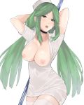  1girl absurdres breasts breasts_outside dress green_eyes green_hair hat highres j@ck jewelry kid_icarus kid_icarus_uprising large_breasts long_hair looking_at_viewer necklace nintendo nipples nurse nurse_cap open_mouth paid_reward palutena patreon_reward pole solo thighhighs tiara tongue tongue_out twintails very_long_hair 