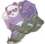  2019 alp_(tas) anthro belly blush chisa_sa clothing fur giant_panda humanoid_hands male mammal moobs overweight overweight_male pants purple_fur simple_background solo tokyo_afterschool_summoners ursid video_games white_background 