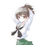  1girl adjusting_hair arms_behind_head arms_up backlighting bangs black_neckwear black_ribbon blouse brown_eyes brown_hair commentary eyebrows_visible_through_hair girls_und_panzer green_skirt hair_ribbon inumoto koyama_yuzu long_sleeves looking_at_viewer miniskirt neckerchief ooarai_school_uniform open_mouth pleated_skirt ribbon school_uniform serafuku short_hair short_ponytail simple_background skirt solo standing upper_body white_background white_blouse 