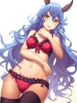  1girl :o absurdres animal_ears arm_across_waist bangs bare_shoulders blue_hair blush bra breasts erune ferry_(granblue_fantasy) granblue_fantasy groin hair_between_eyes hand_up highres long_hair looking_at_viewer medium_breasts messy_hair miya_(tokumei) navel open_mouth panties purple_legwear red_bra red_panties ribbon-trimmed_bra ribbon-trimmed_panties sidelocks simple_background solo stomach thighhighs thighs underwear very_long_hair wavy_hair yellow_eyes 