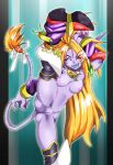  1girl alternate_form animal_ears blonde_hair blush boots breasts breath_of_fire breath_of_fire_ii facial_mark furry long_hair nipples no_panties no_pants onnaski orange_hair pointy_ears purple_skin pussy red_eyes rinpoo_chuan solo tail 