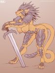  anthro athletic breasts curvaceous felid feline female hi_res kemba_kha_regent leonin looking_at_viewer magic_the_gathering mammal melee_weapon muscular muscular_female nasusbot nipple_piercing nipples pantherine piercing solo standing sword thick_thighs weapon 