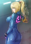  1girl arm_cannon ass blue_bodysuit bodysuit breasts erect_nipples eyebrows_visible_through_hair from_behind impossible_bodysuit impossible_clothes lips long_hair looking_at_viewer looking_back medium_breasts metroid nandz nintendo ponytail samus_aran shiny shiny_hair shiny_skin skin_tight solo standing weapon zero_suit 