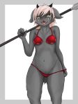  2019 anthro black_fur bovid breasts caprine female fur goat horn mammal melee_weapon open_mouth polearm simple_background solo spear weapon y_leaves 