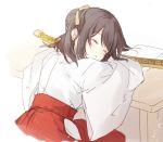  1girl bangs blush brown_hair brown_ribbon commentary_request eyebrows_visible_through_hair eyes_closed hair_bun hair_ribbon hakama head_rest japanese_clothes katana kimono long_sleeves miko mochizuki_shiina original parted_lips red_hakama ribbon sheath sheathed sleeping solo sword table weapon white_kimono 