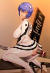  1girl anal anal_object_insertion ayanami_rei blue_hair blush breasts cafe censored chalkboard embarrassed erect_nipples high_heels indoors kneeling large_breasts lips looking_back menu_board neon_genesis_evangelion object_insertion older plugsuit pussy red_eyes shiory short_hair skin_tight solo 