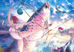  1girl arm_up ballerina ballet_slippers breasts closed_mouth cloud cloudy_sky detached_sleeves fish fishbowl hoop leotard medium_breasts original profile red_hair reflection ribbon short_hair sky solo standing standing_on_one_leg stealthmaria sunrise yellow_eyes 
