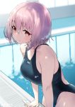  1girl arm_support blue_swimsuit blush breasts competition_swimsuit cowboy_shot highres jonsun lavender_hair looking_at_viewer medium_breasts one-piece_swimsuit pool red_eyes shinjou_akane short_hair smile solo ssss.gridman swimsuit water wet 