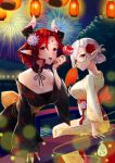  2girls aerial_fireworks bag bagged_fish bare_shoulders black_kimono breasts candy_apple cleavage crystal earrings eldis_(teria_saga) elf facial_mark fan fireworks fish food forehead_mark goldfish horns japanese_clothes jewelry kimono large_breasts long_neck long_sleeves looking_at_viewer medium_hair multiple_girls namazu_(dc_27546) night night_sky pointy_ears red_eyes red_hair sky smile standing teria_saga turner_(teria_saga) white_hair 