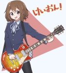  1girl absurdres blue_jacket blue_neckwear blue_ribbon blush brown_eyes brown_hair commentary_request eyebrows_visible_through_hair grey_skirt guitar hair_between_eyes hair_ornament hairclip highres hirasawa_yui holding instrument jacket jipponwazaari k-on! long_sleeves looking_at_viewer pantyhose red_background ribbon school_uniform short_hair simple_background skirt solo translation_request two-tone_background upper_teeth white_background 