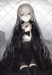  1girl absurdly_long_hair black_legwear brown_eyes capelet chain-link_fence cloak closed_mouth eyebrows_visible_through_hair fence grey_hair highres long_hair long_sleeves looking_at_viewer null1040 original outdoors sitting smile solo thighhighs very_long_hair 