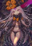  1girl abigail_williams_(fate/grand_order) bangs bare_arms black_bow black_headwear black_panties blue_eyes bow breasts commentary_request eyebrows_visible_through_hair eyes fate/grand_order fate_(series) flower glowing glowing_eyes hair_flower hair_ornament hat highres jigenn long_hair looking_at_viewer medium_breasts navel orange_bow panties parted_bangs polka_dot polka_dot_bow purple_eyes solo tentacle underwear very_long_hair white_hair witch_hat 