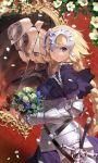  1girl armor blonde_hair blue_eyes bouquet braid eyebrows_visible_through_hair fate/apocrypha fate_(series) flower gauntlets headpiece highres jeanne_d&#039;arc_(fate) jeanne_d&#039;arc_(fate)_(all) looking_at_viewer mirror patterned_background petals red_background scabbard shattered sheath signature single_braid solo standing sword weapon yang-do 