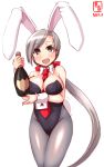  1girl animal_ears artist_logo between_breasts black_eyes black_leotard bottle breasts bunny_ears bunny_tail bunnysuit chitose_(kantai_collection) commentary_request dated detached_collar grey_hair grey_legwear highres kanon_(kurogane_knights) kantai_collection large_breasts leotard long_hair looking_at_viewer necktie necktie_between_breasts pantyhose ponytail red_neckwear simple_background smile solo strapless strapless_leotard tail white_background wine_bottle wrist_cuffs 