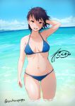  1girl arakure arm_at_side arm_up bikini black_hair blue_sky blue_swimsuit breasts brown_eyes cloud collarbone commentary_request day horizon looking_at_viewer medium_breasts navel ocean open_mouth original outdoors short_hair signature sky solo standing swimsuit twitter_username upper_teeth wading water wings 