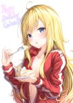  1girl :o ahoge blonde_hair blue_eyes blush breasts cake collarbone commentary_request food fork gabriel_dropout hand_up happy_birthday highres holding holding_fork holding_plate jacket long_hair long_sleeves looking_at_viewer no_bra open_clothes open_jacket open_mouth pinky_out plate shiero. slice_of_cake small_breasts solo tenma_gabriel_white track_jacket upper_body zipper 