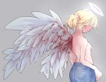  1girl absurdres angel angel_wings bare_arms blonde-hair blonde_hair blue_legwear braid breasts denim from_behind grey_background halo highres huge_filesize jeans jipponwazaari long_hair original pants ponytail simple_background single_wing solo topless white_wings wings 