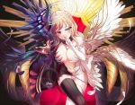  angel bicolored_eyes blonde_hair blue_eyes breasts cleavage demon elbow_gloves feathers gloves halo horns long_hair navel original red_eyes sasa thighhighs wings 