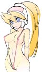  1girl blonde_hair blue_eyes ciel_(rockman) headgear highres navel nipples no_background ponytail rockman rockman_zero sketch slingshot_swimsuit swimsuit ukimukai 