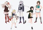  5girls amatsukaze_(kantai_collection) anchor_symbol beret black_footwear black_gloves black_hair black_headband black_panties black_sailor_collar black_skirt blonde_hair blue_eyes blue_sailor_collar bodysuit brown_dress brown_eyes brown_hair clothes_writing commentary_request corset dress from_behind full_body garter_straps gloves grey_jacket hachimaki hair_between_eyes hair_ornament hair_tubes hairclip hands_on_hips hat hat_ribbon hayasui_(kantai_collection) headband headgear highres jacket jervis_(kantai_collection) kantai_collection loafers long_hair looking_at_viewer looking_back machinery maya_(kantai_collection) midriff mini_hat multicolored multicolored_clothes multicolored_jacket multiple_girls ojipon one_side_up panties pleated_skirt red_legwear red_ribbon remodel_(kantai_collection) ribbon sailor_collar sailor_dress sailor_hat school_uniform serafuku shoes short_dress short_hair short_sleeves silver_eyes silver_hair skirt sleeveless standing striped striped_legwear suzutsuki_(kantai_collection) thighhighs track_jacket two_side_up underwear white_bodysuit white_dress white_gloves white_headwear white_neckwear white_skirt windsock x_hair_ornament 
