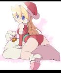  1girl ass bell blonde_hair blue_eyes christmas ciel_(rockman) hat high_heels red_headwear rockman rockman_zero sack santa_costume santa_hat semikichi smile solo 