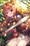 1girl animal_ear_fluff animal_ears artist_name bangs blurry blurry_background blush brown_gloves brown_hair brown_shirt commentary_request day depth_of_field eyebrows_visible_through_hair forest gloves hair_between_eyes hair_tubes hand_up highres holding holding_sword holding_weapon long_hair long_sleeves looking_at_viewer nature neck_ribbon outdoors parted_lips pleated_skirt puffy_short_sleeves puffy_sleeves raccoon_ears raccoon_girl raccoon_tail raphtalia red_eyes red_ribbon revision ribbed_shirt ribbon shirt short_over_long_sleeves short_sleeves skirt solo squchan sunlight sword tail tate_no_yuusha_no_nariagari tree_branch very_long_hair watermark weapon web_address white_skirt 
