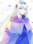  1girl 3yuazr cape confetti copyright_name fur_trim hair_between_eyes hairband long_hair pixiv_fantasia pixiv_fantasia_last_saga pointy_ears red_eyes sidelocks simple_background smile solo standing upper_body very_long_hair white_hair zera_the_hornless_empress 