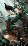  1girl asymmetrical_clothes breasts closed_mouth dual_wielding dutch_angle forest gloves goblin_slayer! green_eyes green_hair high_elf_archer_(goblin_slayer!) highres holding holding_sword holding_weapon indy_k lips long_hair looking_at_viewer nature outdoors pointy_ears shorts sidelocks small_breasts solo standing sword thighhighs weapon 