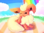  4:3 ambiguous_gender blush bubble cloud eeveelution feral flareon fluffy fluffy_tail fur hi_res nintendo one_eye_closed pawpads pok&eacute;mon pok&eacute;mon_(species) rainbow shioppoihito solo video_games 
