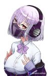  1girl bow bowtie breasts erect_nipples eyebrows_visible_through_hair faceplate female hair_between_eyes half_mask hands_up haraya head_tilt headphones jacket large_breasts lavender_hair lavender_neckwear long_sleeves mask neck off_shoulder optimus_prime optimus_prime_(sg) purple_jacket purple_mask red_eyes school_uniform shinjou_akane shiny shiny_hair shirt simple_background sleeves_past_wrists solo ssss.gridman transformers transformers_shattered_glass upper_body white_background white_shirt 