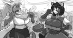  2017 ambiguous_gender ambiguous_species anthro big_breasts breasts candy canid canine clenched_teeth clothing dragon elizabeth_(yowza) female food group hair implied_transformation long_hair mammal monochrome open_mouth raccoon_dog reina_(yowza) shonuff skirt surprise tanuki teeth torn_clothing 