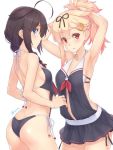  2girls ahoge armpits arms_up artist_name ass back bangs belly_peek black_ribbon blonde_hair blue_eyes blue_swimsuit braid braided_ponytail breasts brown_hair butt_crack collarbone commentary_request cowboy_shot dan_(kumadan) dimples_of_venus frilled_swimsuit frills hair_bun hair_ornament hair_over_shoulder hair_ribbon hairclip holding holding_hair holding_swimsuit kantai_collection long_hair looking_at_viewer medium_breasts midriff_peek multiple_girls open_mouth red_eyes red_ribbon ribbon shigure_(kantai_collection) side_ponytail sideboob sidelocks simple_background skirt swimsuit swimsuit_pull white_background white_string yuudachi_(kantai_collection) 