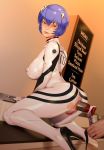  1girl anal anal_object_insertion ayanami_rei blue_hair blush breasts cafe censored chalkboard embarrassed erect_nipples glass high_heels indoors kneeling large_breasts lips looking_back menu_board neon_genesis_evangelion object_insertion older plugsuit pussy red_eyes shiory short_hair skin_tight solo 