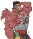  2019 accipitriform asian_mythology avian beak bird black_hair bulge clothing eyebrows feathered_wings feathers garuda_(deity) hair hindu_mythology jewelry looking_at_viewer male muscular muscular_male mythology nipples pecs rybiok shirt small_wings solo thong topwear vein water_gun wet wet_clothing wet_shirt wings 