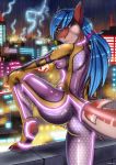  2019 anthro balcony blue_hair breasts building butt city clothed clothing cyberpunk digital_media_(artwork) evangellos_(artist) female fish fully_clothed hair hannah_(evangellos) hi_res lightning looking_at_viewer marine nipples outside science_fiction shark skinsuit tight_clothing 