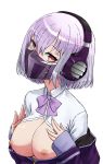  1girl absurdres bow bowtie breasts breasts_outside eyebrows_visible_through_hair faceplate female hair_between_eyes half_mask hands_up haraya head_tilt headphones highres jacket large_breasts lavender_hair lavender_neckwear long_sleeves mask neck nipples off_shoulder open_clothes open_shirt optimus_prime optimus_prime_(sg) purple_jacket purple_mask red_eyes school_uniform shinjou_akane shiny shiny_hair shirt simple_background sleeves_past_wrists solo ssss.gridman transformers transformers_shattered_glass upper_body white_background white_shirt 