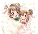  2girls :d animal_costume animal_ears bangs blush bow bowtie brown_eyes brown_hair commentary_request eneco floral_background fur green_neckwear grey_hair hood hood_up horns hug kunikida_hanamaru long_hair long_sleeves looking_at_viewer love_live! love_live!_school_idol_project love_live!_sunshine!! minami_kotori multiple_girls neck_bell open_mouth pink_neckwear sheep_costume sheep_ears sheep_hood sheep_horns sheep_tail smile striped striped_neckwear tail 