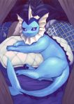  ambiguous_gender bed blue_pawpads blue_scales eeveelution fin full-length_portrait hi_res looking_at_viewer lying multicolored_scales nintendo on_bed on_side pawpads pillow pok&eacute;mon pok&eacute;mon_(species) portrait pose purple_eyes scales smile sparkles two_tone_scales vaporeon video_games whimsical_heart 