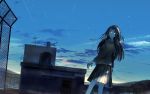  1girl black_hair black_skirt blue_eyes blue_sky blush cloud eyebrows_visible_through_hair hairband highres kukka long_sleeves looking_away original outdoors parted_lips satellite_dish scenery school_uniform shooting_star skirt sky solo standing sunrise 